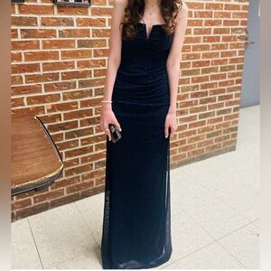 David's Bridal Blue Ruched Sweetheart Gown would be great Christmas dance dress